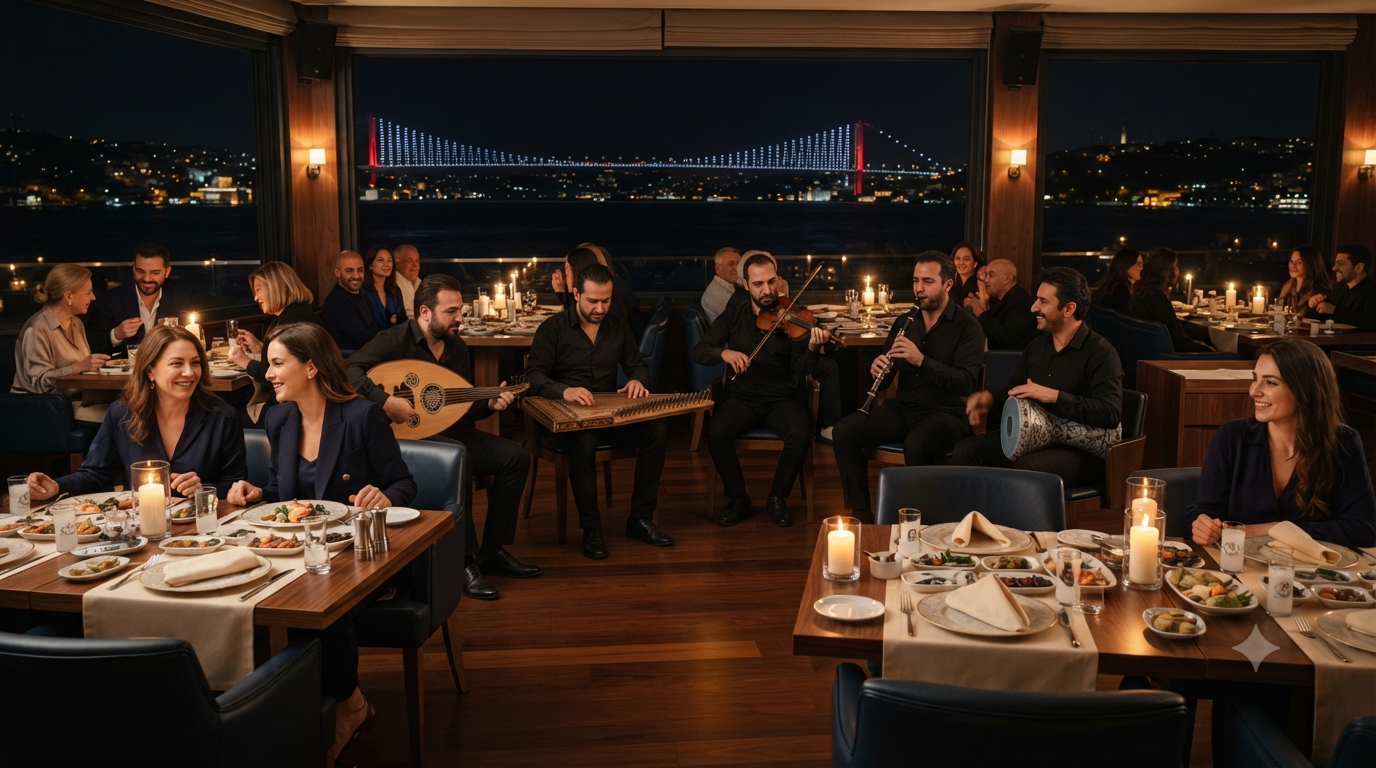 Fasıl ekibi ile özel davette canlı müzik atmosferi oluşturan sahne düzeni
