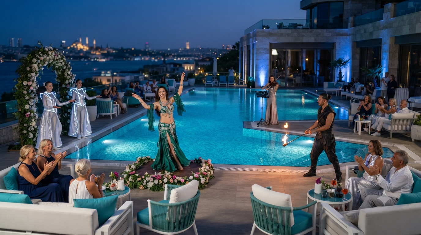 Yüzme ve havuz başı performansları ile yaz etkinliğinde kurulan açık hava sahne atmosferi