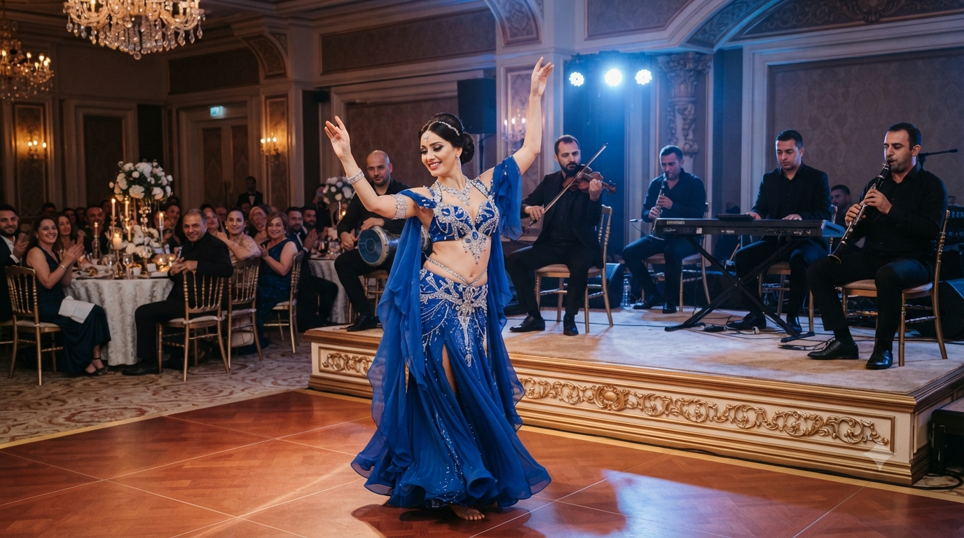 Canlı müzik eşliğinde oryantal gösterisinde darbuka, müzisyenler ve sahne performansı