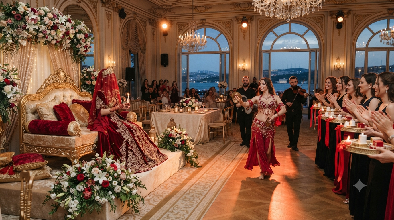 Kına gecesi oryantal gösterisi için hazırlanan sahne ve kına konsepti